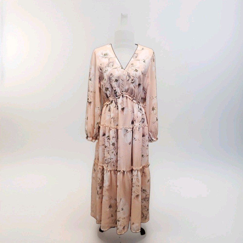 Simplee Apparel Light Peach Floral Tiered Ruffle Maxi Dress Size Medium